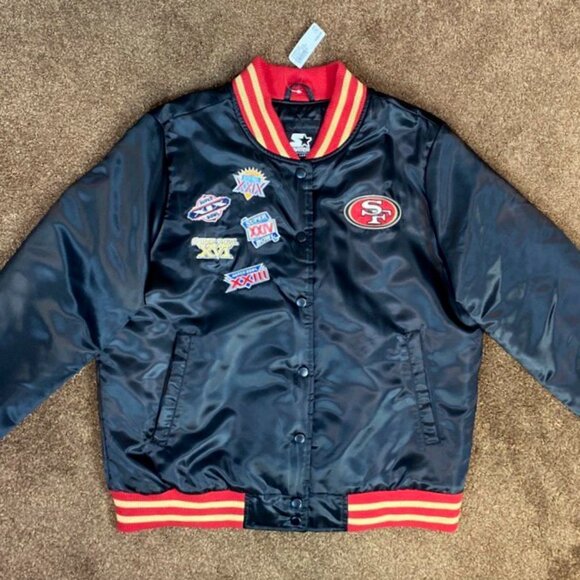 Share San Francisco 49ers Woman's 5 Time Super Bowl Jacket STARTER BLACK XL - Picture 7 of 11